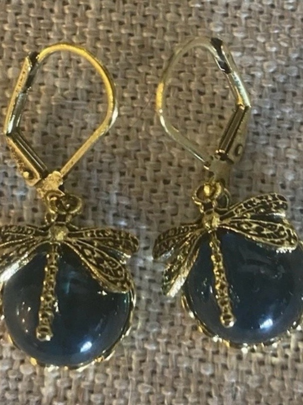 Gold Dragonfly Earrings with Dark Blue Cabochons